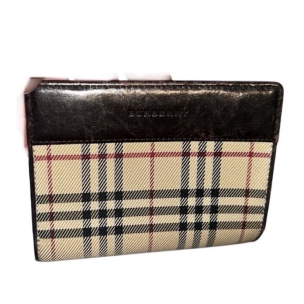 Burberry Nova Check Plaid Brown Leather Trim Vintage Unisex Bifold Wallet - Picture 2 of 10